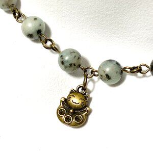 Genuine Light Teal Kiwi Jasper Short Necklace, Gemstone & Bronze Fortune Cat